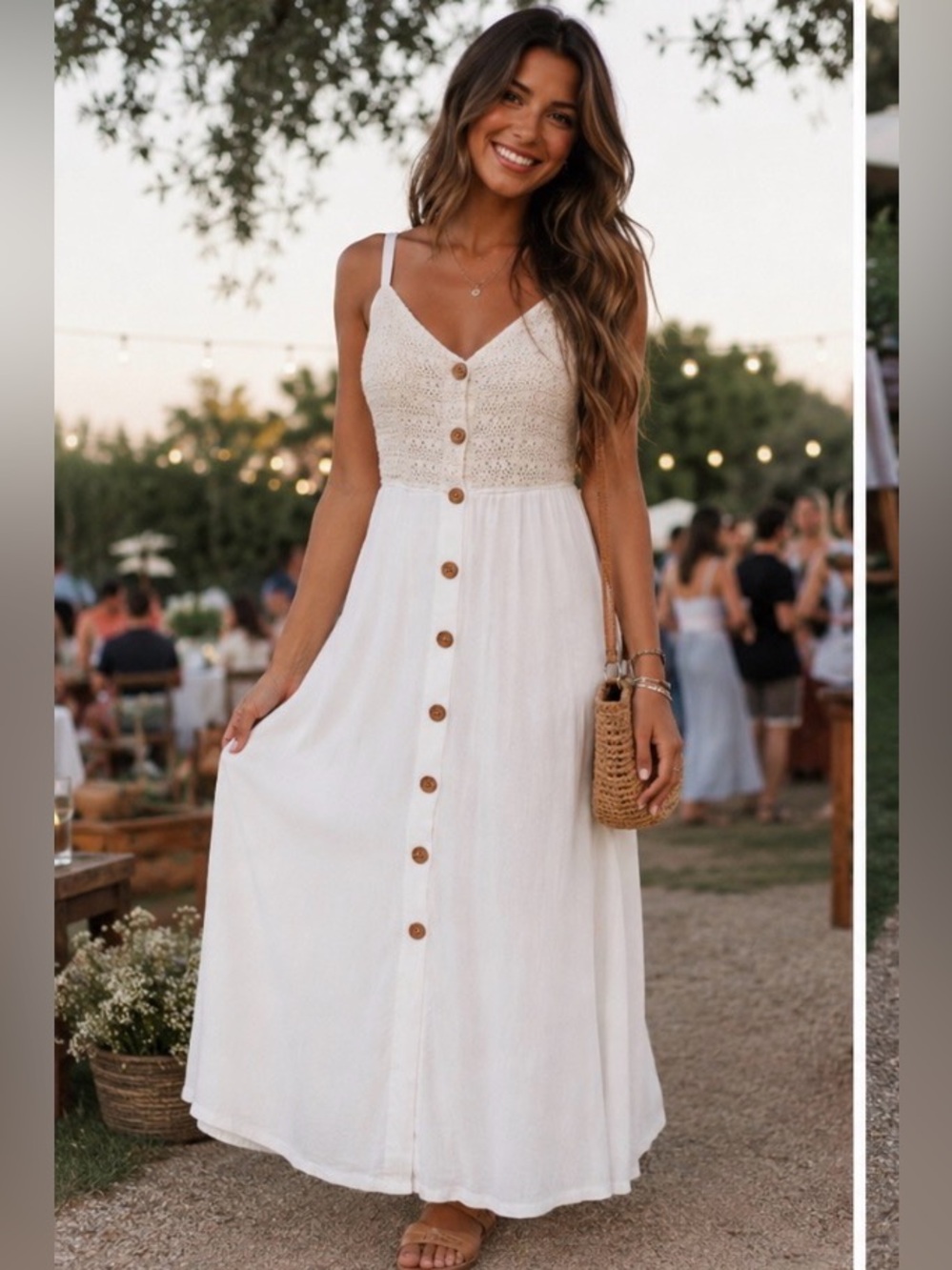 Jessica Simpson White Crochet Bodice Button-Front Maxi Dress